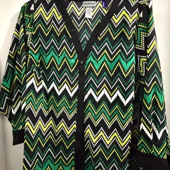 NWT*Catherines Chevron Button Down Blouse - Black, Green, Yellow, White - Picture 6 of 7